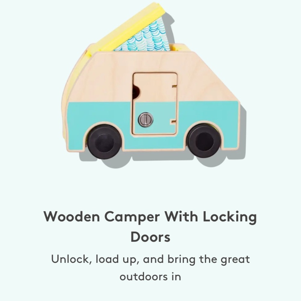 Lovery Montessori Wooden Camper Toy with Locking Doors - Blue and Yellow car